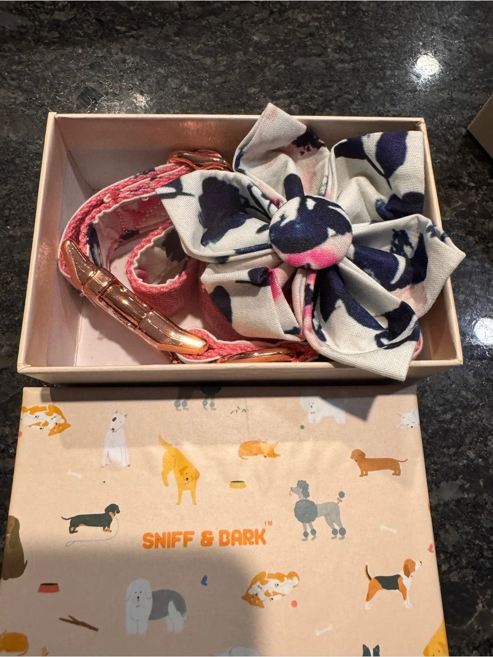 Pink Floral Bow Dog Collar Accessory with Rose-Gold Hardware